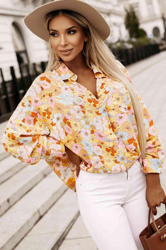 Get trendy with Floral Collared Neck Long Sleeve Shirt - Shirt available at Styles Code. Grab yours today!