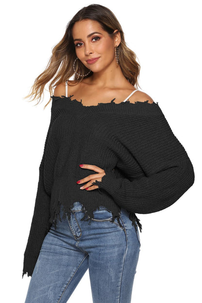 Get trendy with Off-Shoulder Ribbed Long Sleeve Raw Hem Sweater - Sweater available at Styles Code. Grab yours today!