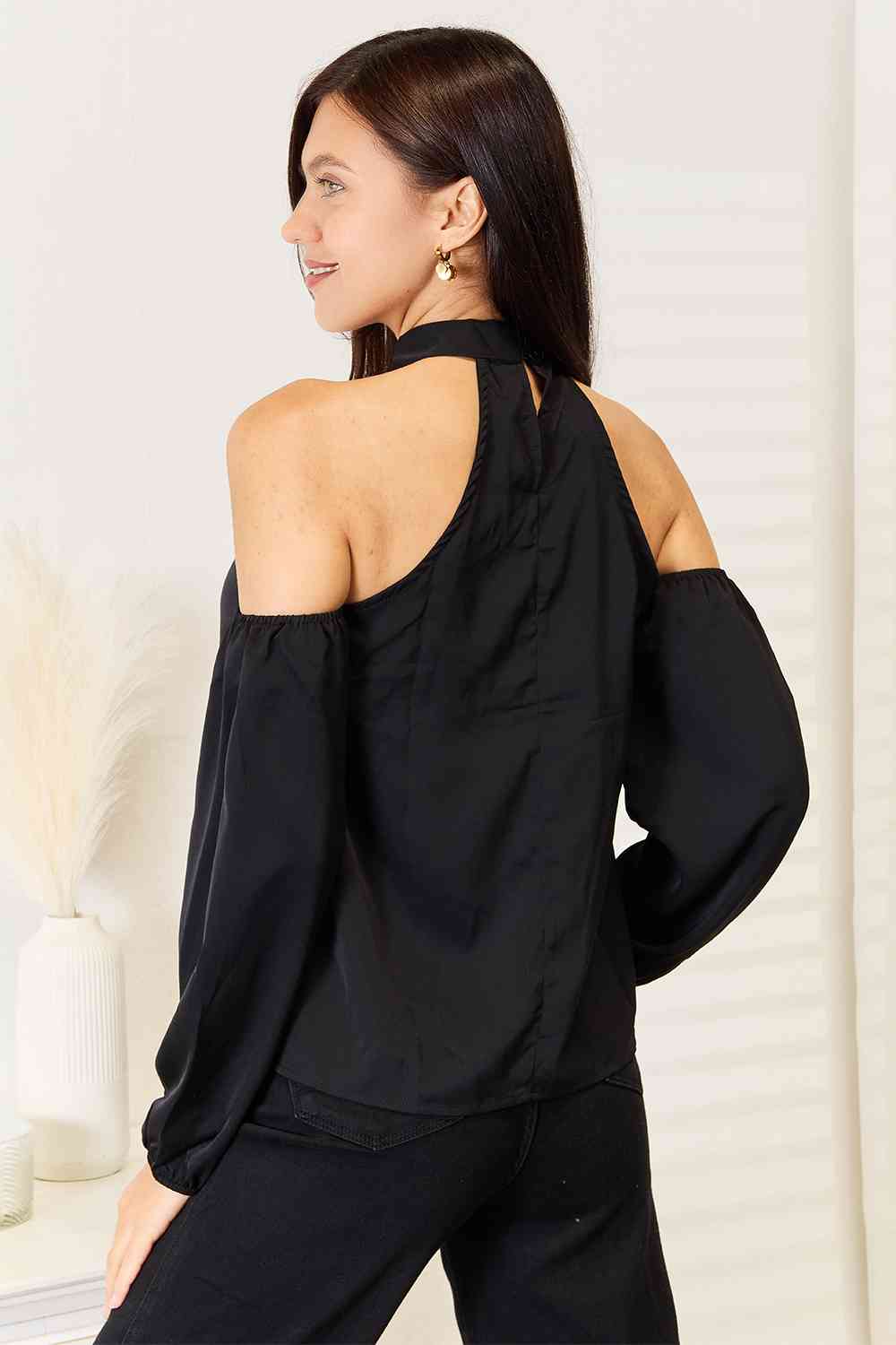 Get trendy with Grecian Cold Shoulder Long Sleeve Blouse - Blouse available at Styles Code. Grab yours today!