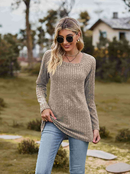 Get trendy with Ribbed Square Neck Long Sleeve Tee - T-Shirt available at Styles Code. Grab yours today!