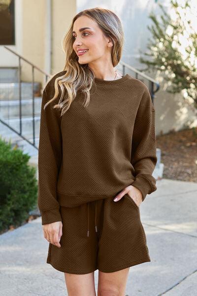 Get trendy with Double Take Full Size Texture Long Sleeve Top and Drawstring Shorts Set -  available at Styles Code. Grab yours today!