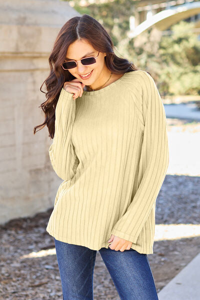 Get trendy with Basic Bae Full Size Ribbed Round Neck Long Sleeve Knit Top -  available at Styles Code. Grab yours today!