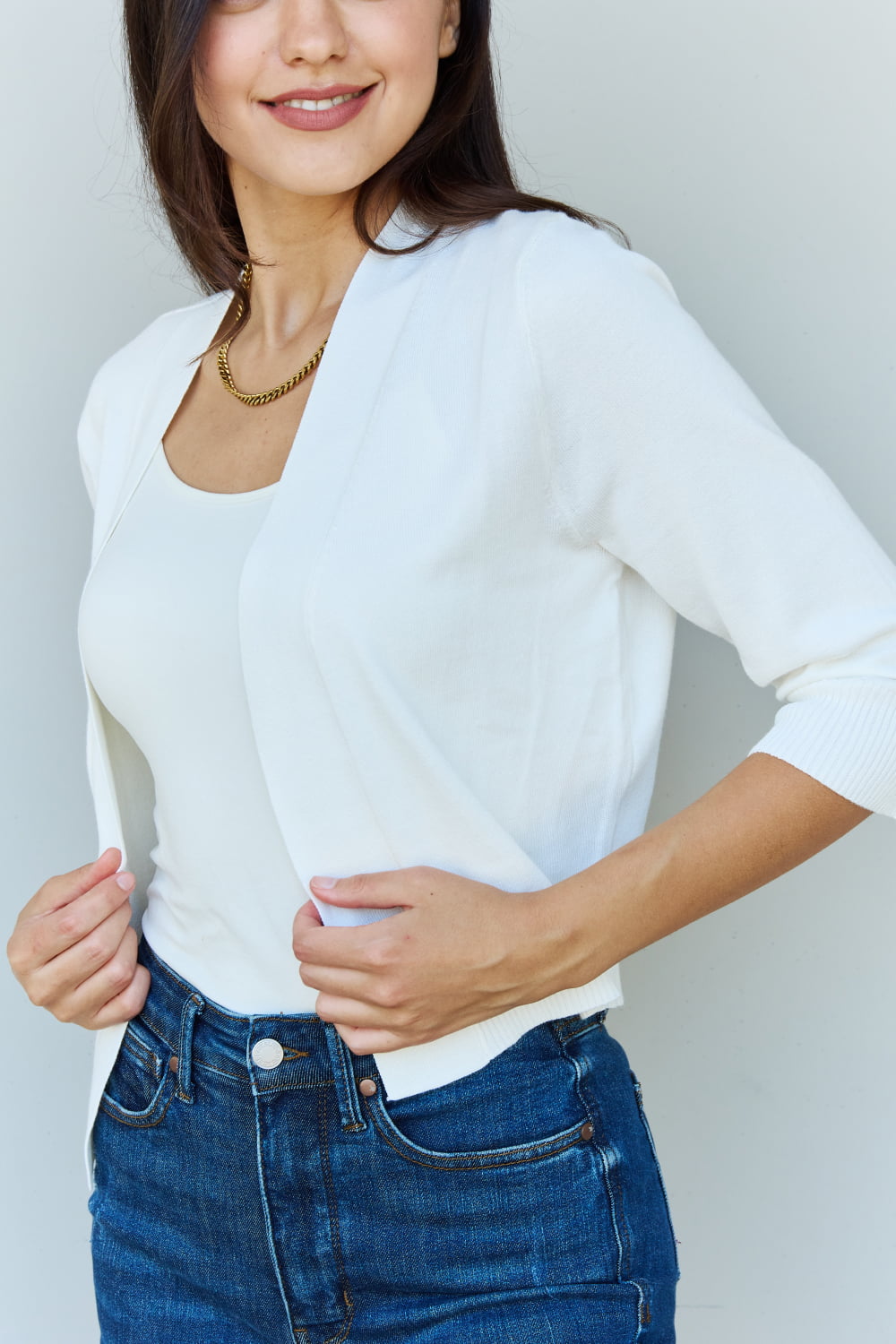 Get trendy with Doublju My Favorite Full Size 3/4 Sleeve Cropped Cardigan in Ivory - Cardigan available at Styles Code. Grab yours today!