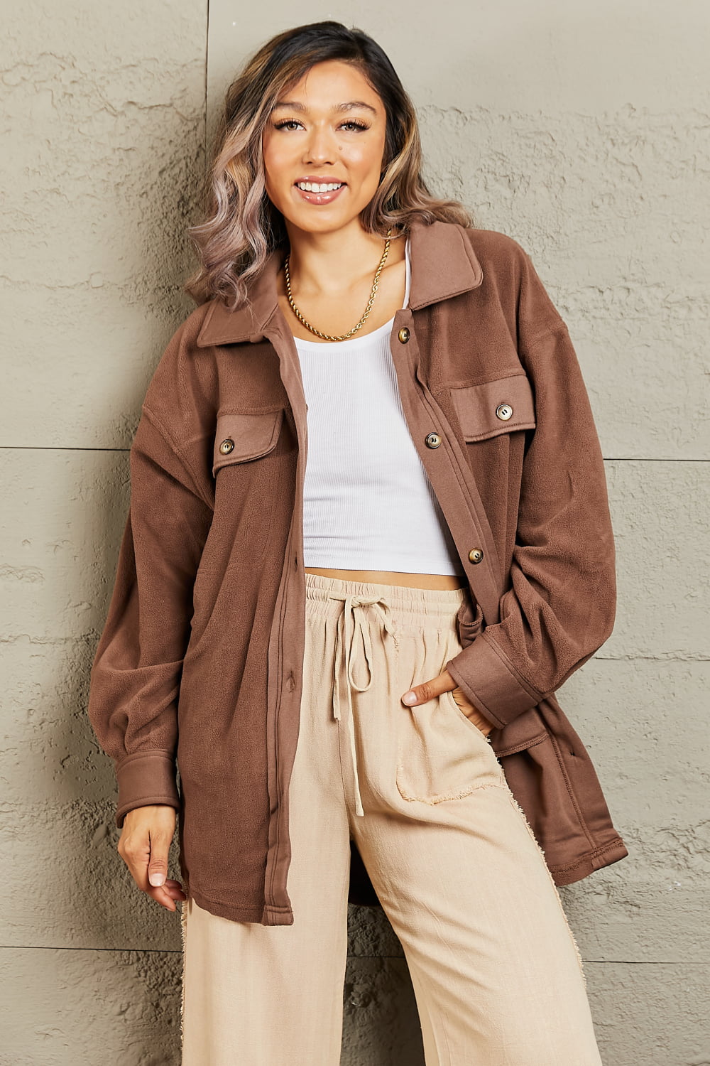 Get trendy with Heimish Cozy Girl Full Size Button Down Shacket - Luxe available at Styles Code. Grab yours today!