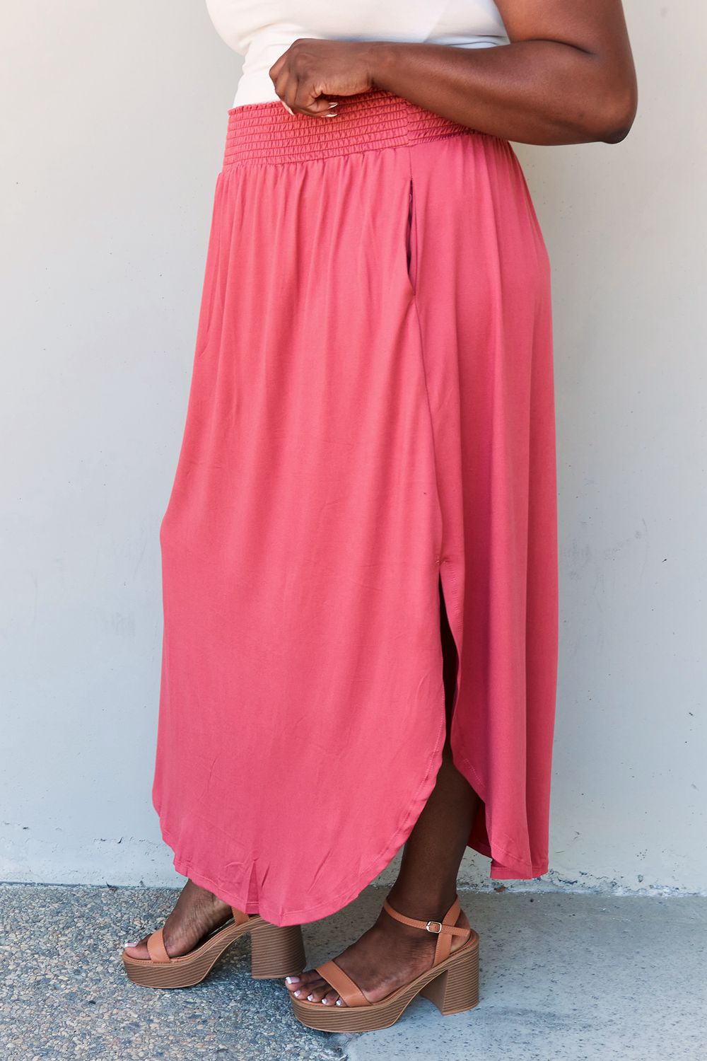 Get trendy with Doublju Comfort Princess Full Size High Waist Scoop Hem Maxi Skirt in Hot Pink -  available at Styles Code. Grab yours today!