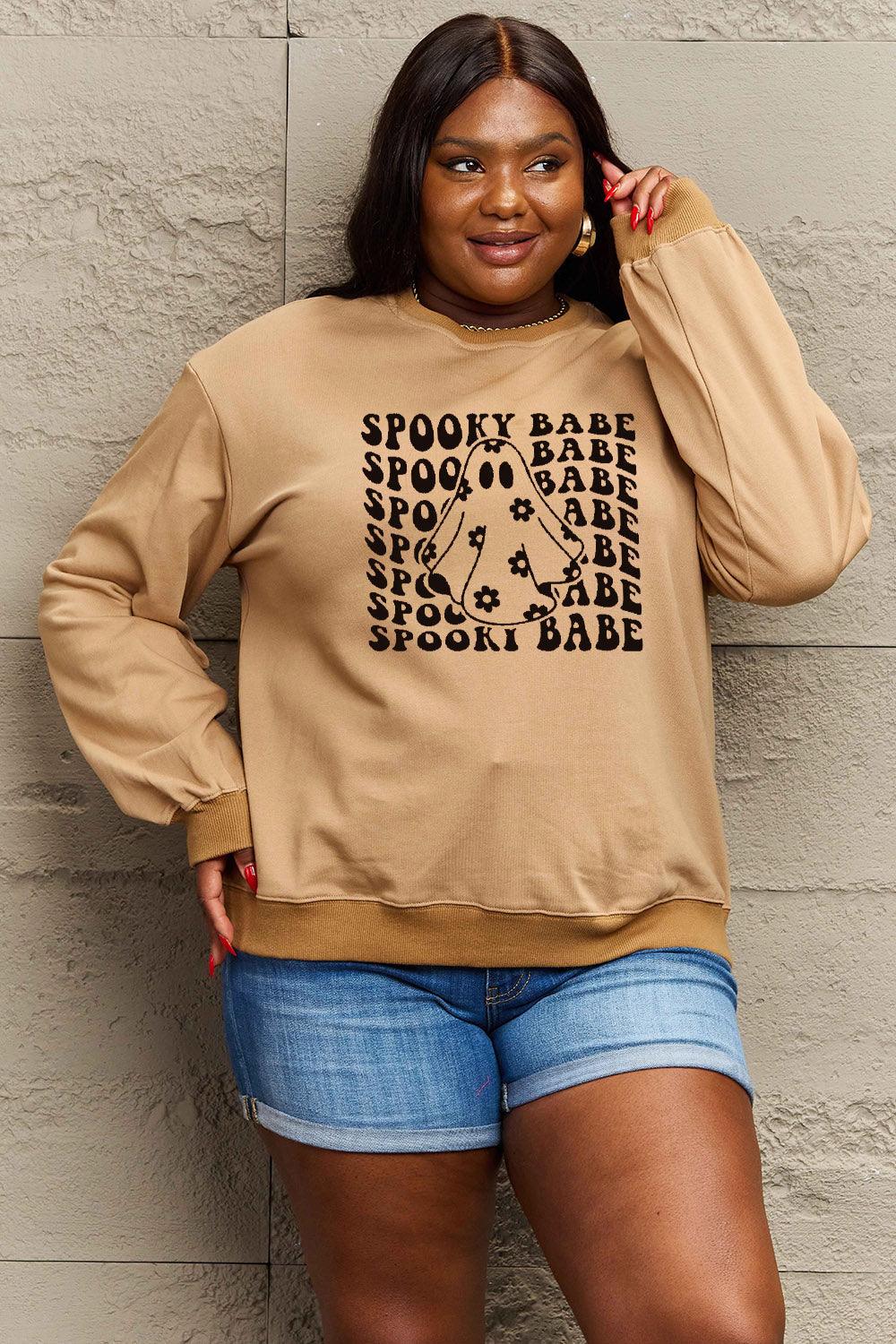 Get trendy with Simply Love Full Size SPOOKY BABE Graphic Sweatshirt - Halloween Clothes available at Styles Code. Grab yours today!