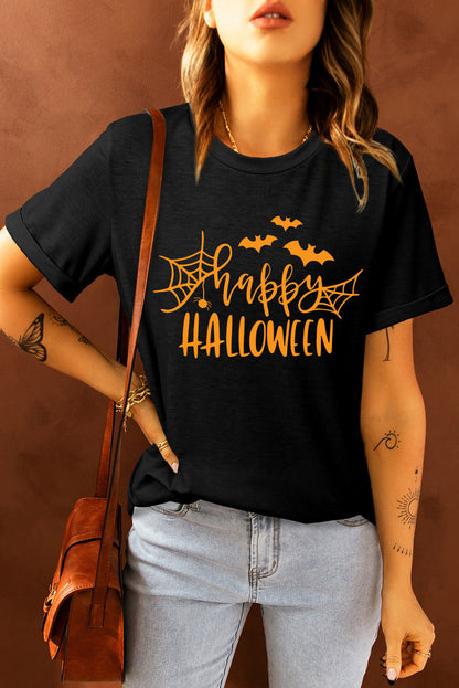 Get trendy with Round Neck Short Sleeve HAPPY HALLOWEEN Graphic T-Shirt - Halloween Clothes available at Styles Code. Grab yours today!