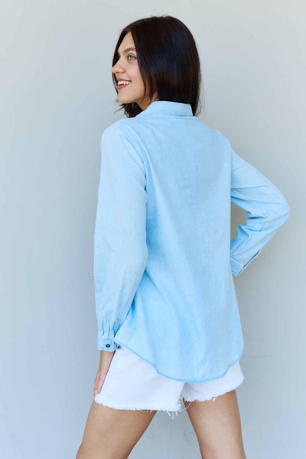 Get trendy with Doublju Blue Jean Baby Denim Button Down Shirt Top in Light Blue -  available at Styles Code. Grab yours today!