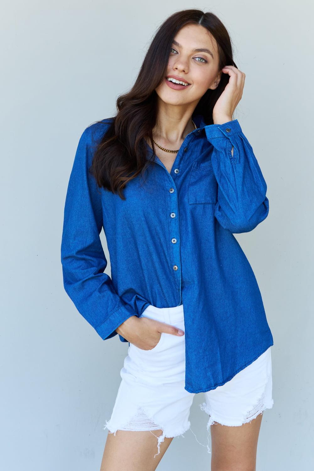 Get trendy with Denim Button Down Shirt Top -  available at Styles Code. Grab yours today!