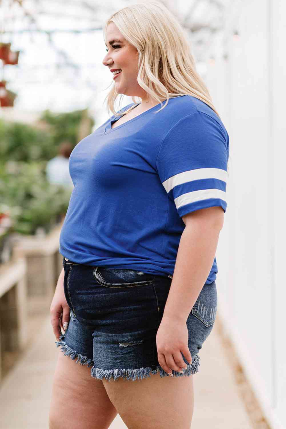 Get trendy with Plus Size Striped V-Neck Tee Shirt - T-Shirt available at Styles Code. Grab yours today!