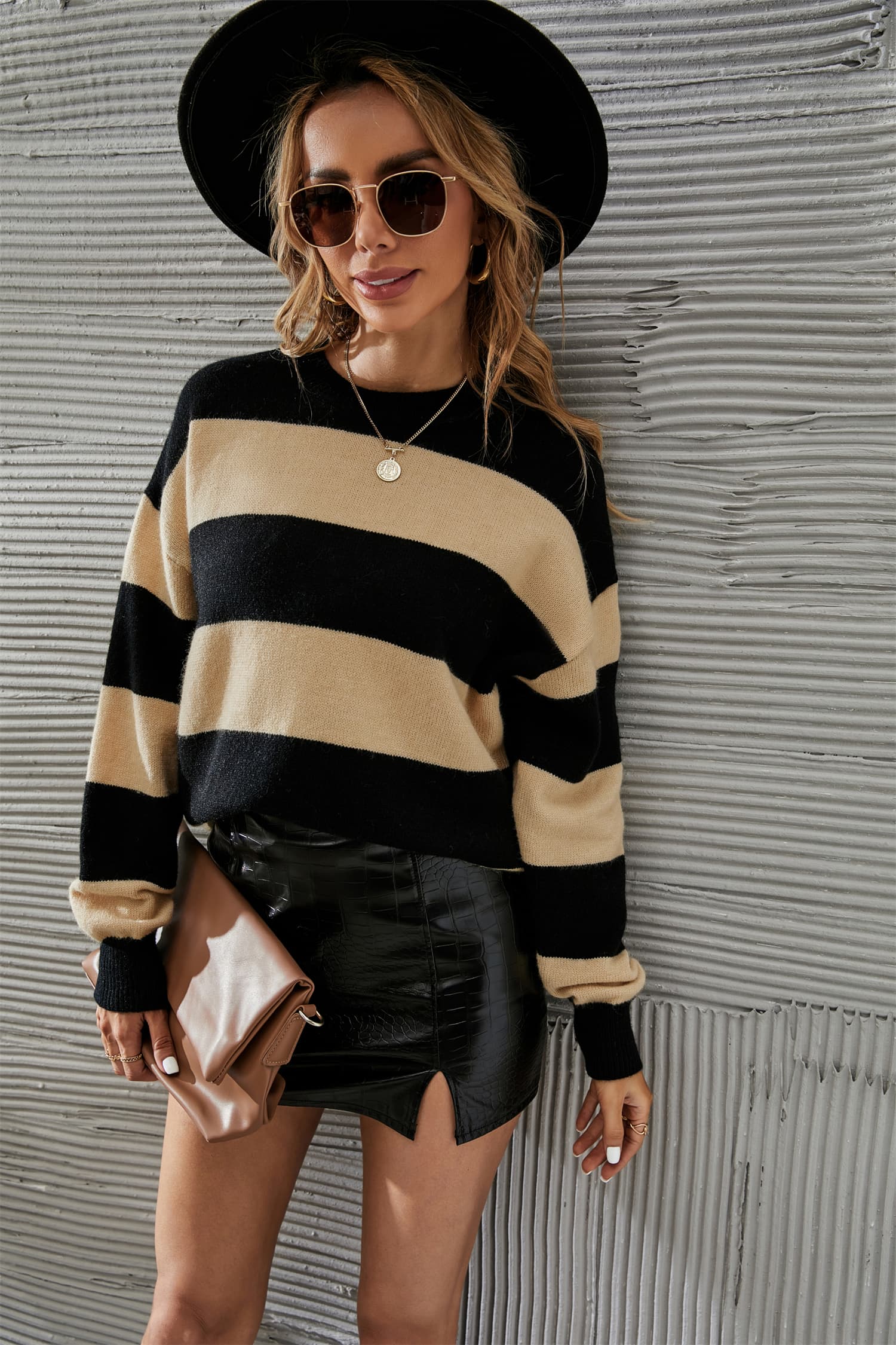 Get trendy with Two-Tone Round Neck Dropped Shoulder Sweater - Sweater available at Styles Code. Grab yours today!