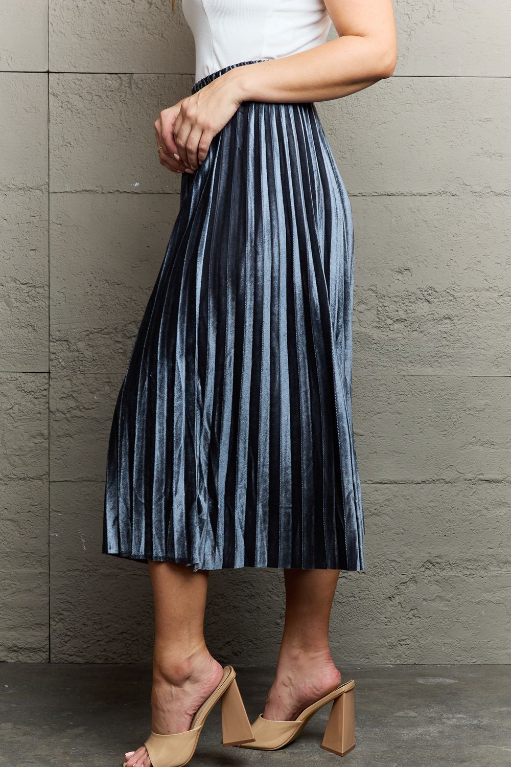 Get trendy with Ninexis Accordion Pleated Flowy Midi Skirt -  available at Styles Code. Grab yours today!