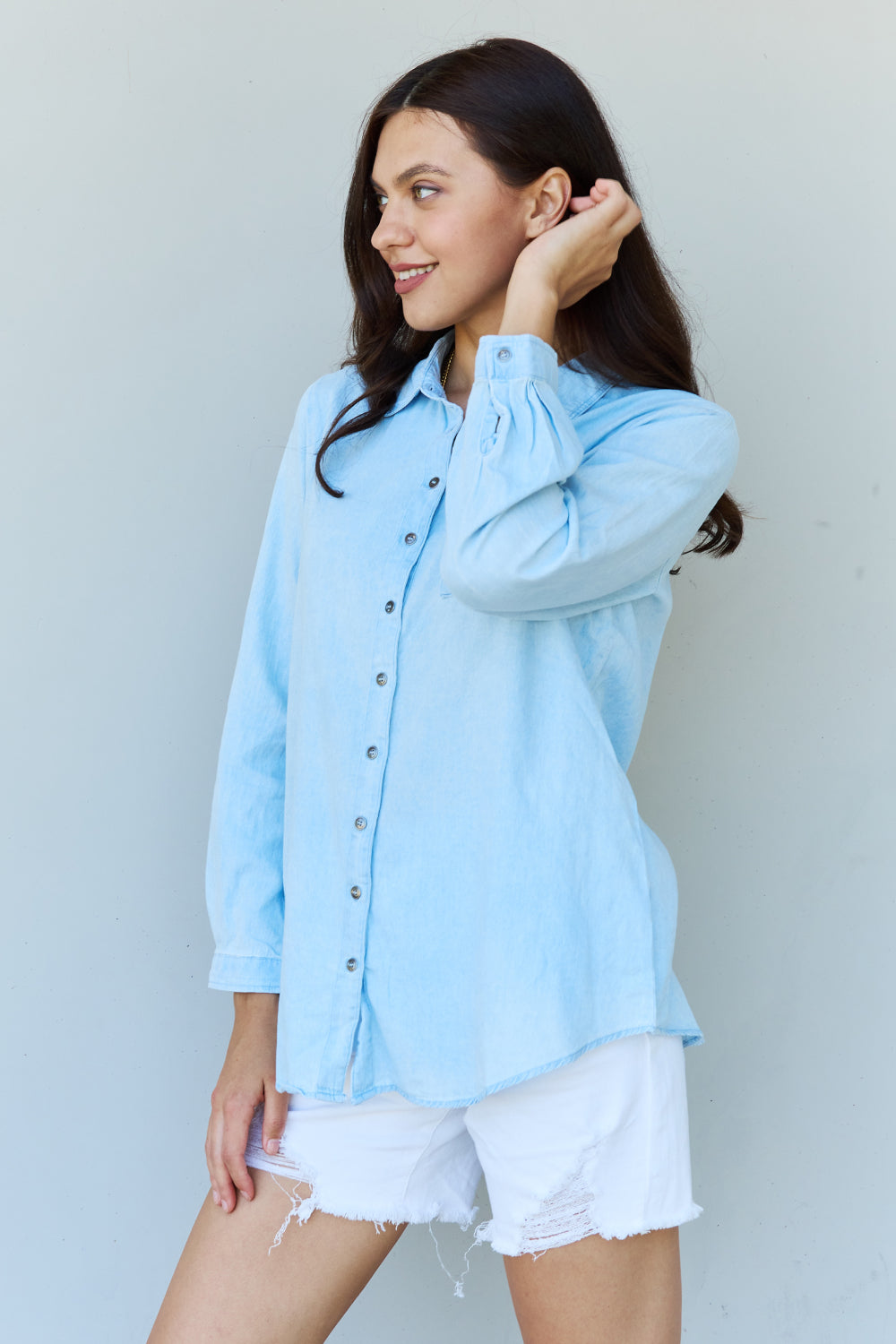 Get trendy with Doublju Blue Jean Baby Denim Button Down Shirt Top in Light Blue -  available at Styles Code. Grab yours today!