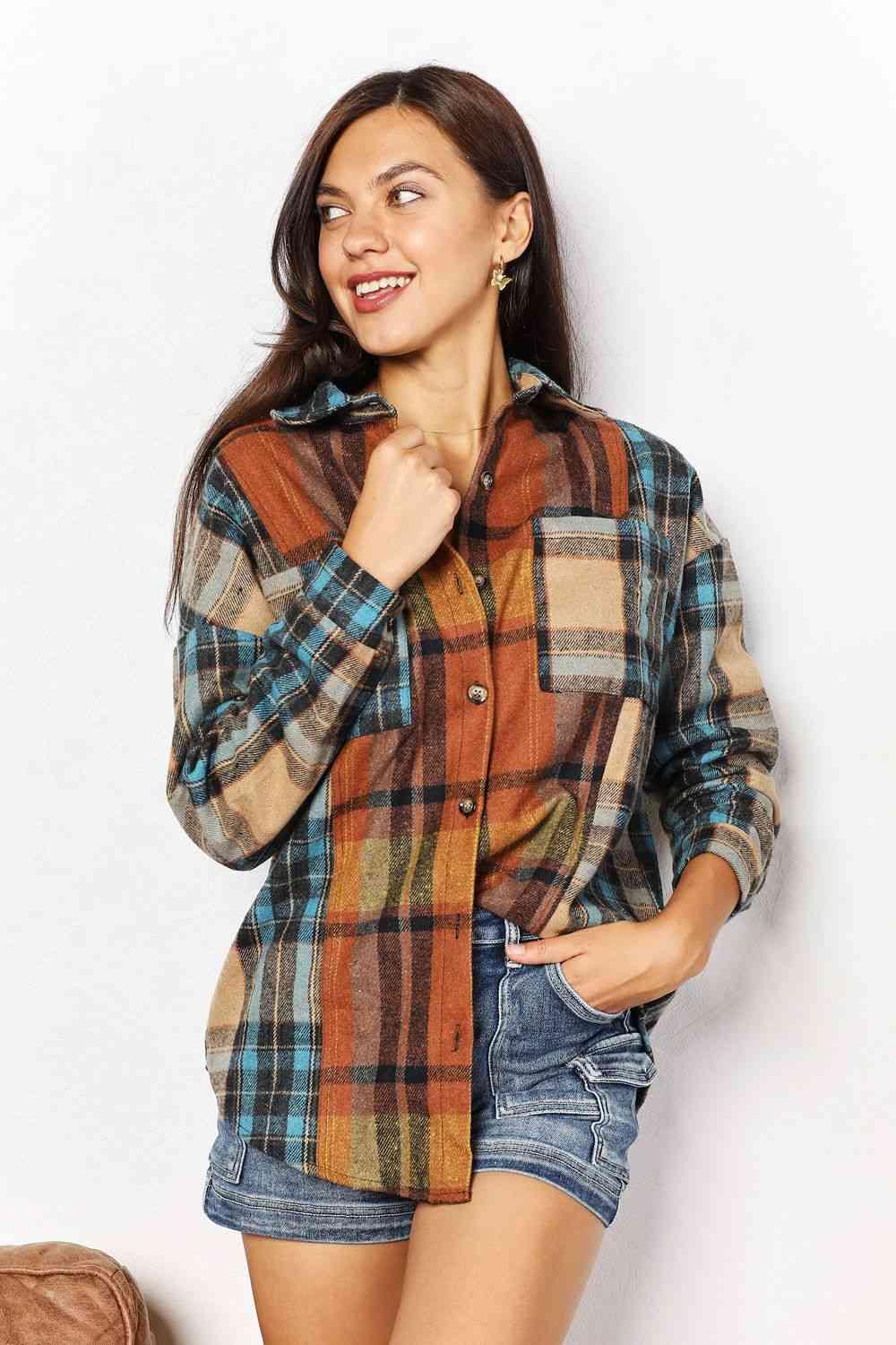 Get trendy with Plaid Curved Hem Shirt Jacket - Shirt available at Styles Code. Grab yours today!