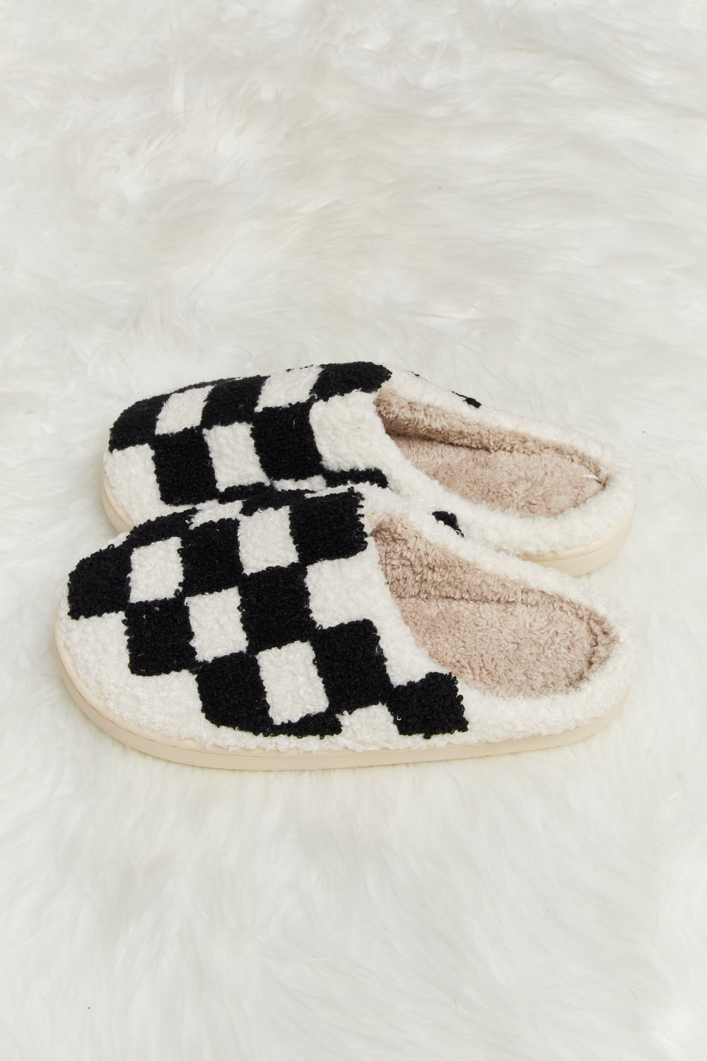 Get trendy with Melody Checkered Print Plush Slide Slippers - Shoes available at Styles Code. Grab yours today!