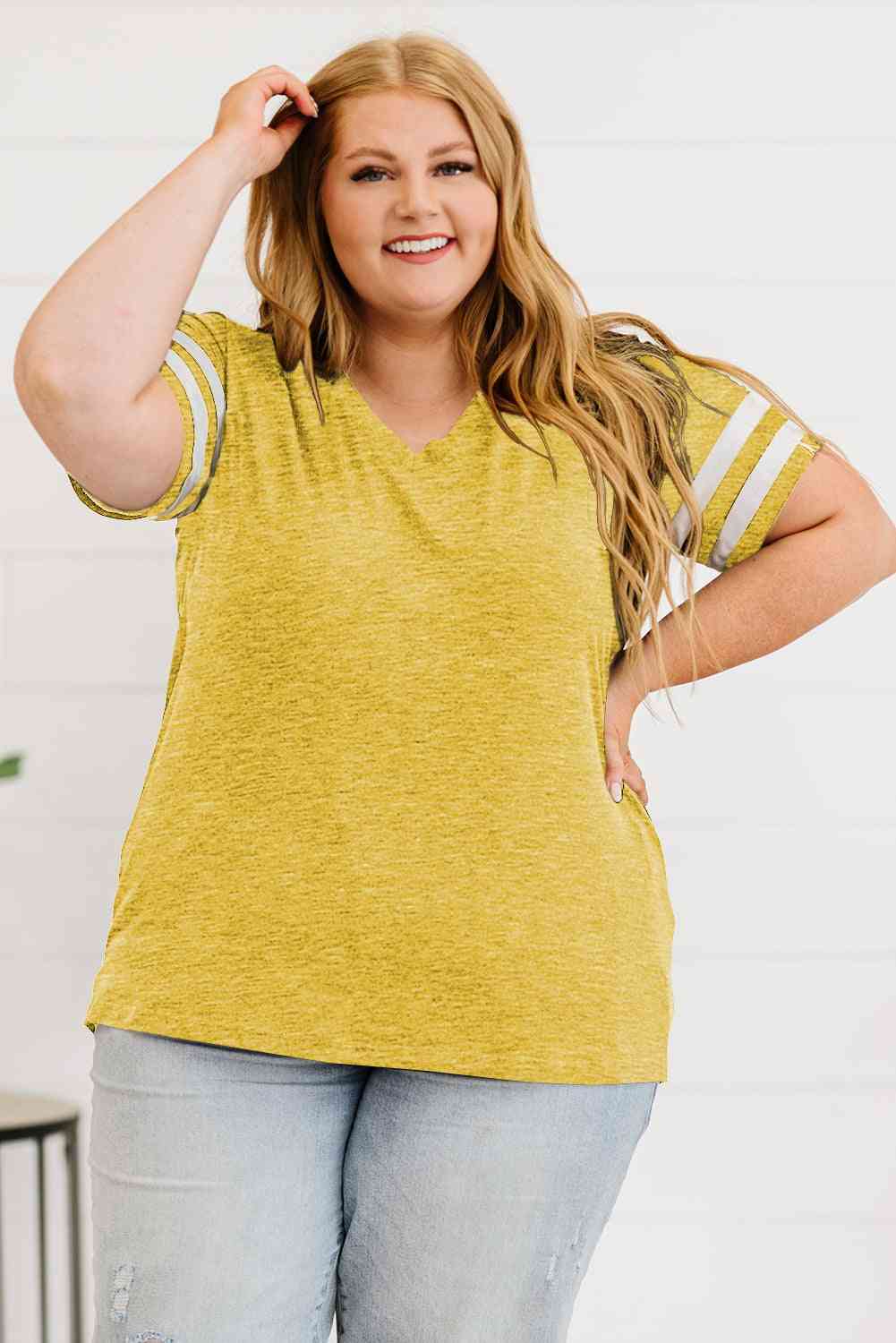 Get trendy with Plus Size Striped V-Neck Tee Shirt - T-Shirt available at Styles Code. Grab yours today!