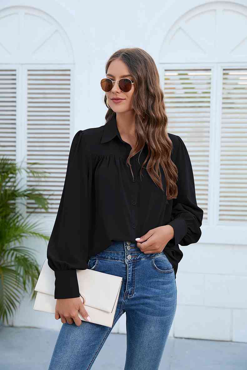 Get trendy with Puff Sleeve Collared Neck Shirt - Shirt available at Styles Code. Grab yours today!