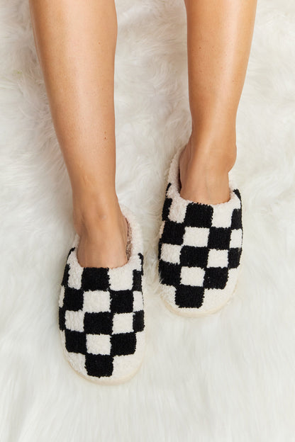 Get trendy with Melody Checkered Print Plush Slide Slippers - Shoes available at Styles Code. Grab yours today!