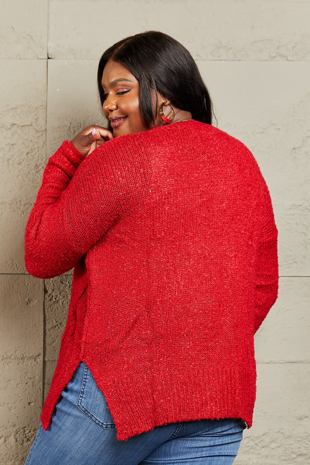 Get trendy with Heimish By The Fire Full Size Draped Detail Knit Sweater - Luxe available at Styles Code. Grab yours today!