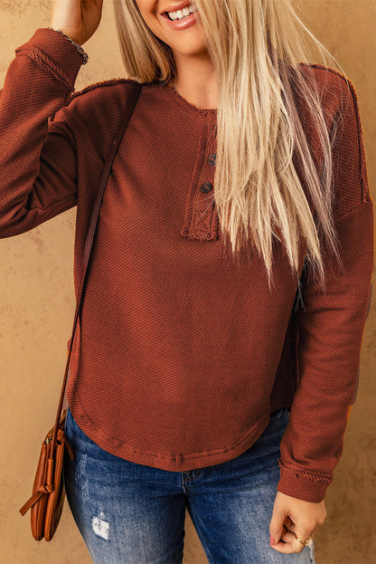 Get trendy with Exposed Seams Round Neck Long Sleeve Blouse - Tops available at Styles Code. Grab yours today!