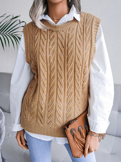 Get trendy with Round Neck Openwork Capped Sleeve Sweater Vest - Vests available at Styles Code. Grab yours today!