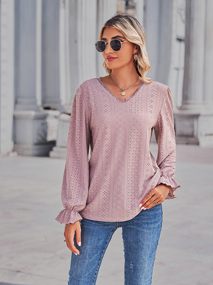 Get trendy with Eyelet V-Neck Flounce Sleeve Blouse - Tops available at Styles Code. Grab yours today!