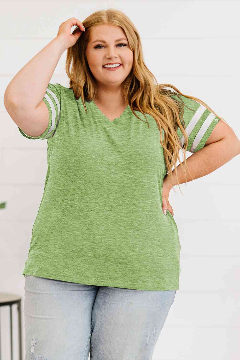 Get trendy with Plus Size Striped V-Neck Tee Shirt - T-Shirt available at Styles Code. Grab yours today!