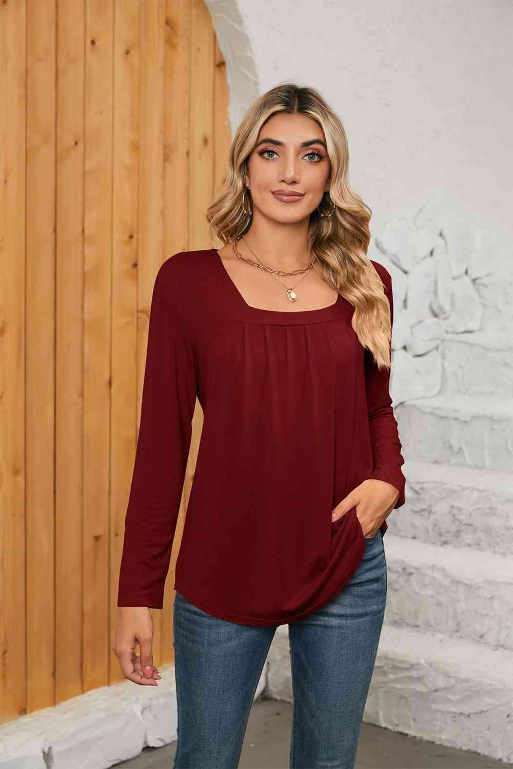 Get trendy with Square Neck Long Sleeve T-Shirt - T-Shirt available at Styles Code. Grab yours today!