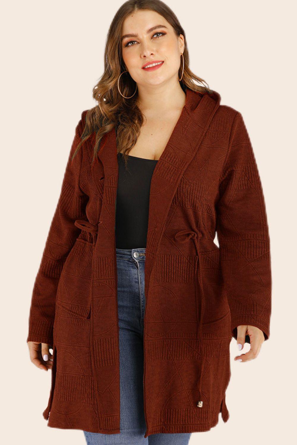 Get trendy with Plus Size Drawstring Waist Hooded Cardigan - Plus Size available at Styles Code. Grab yours today!