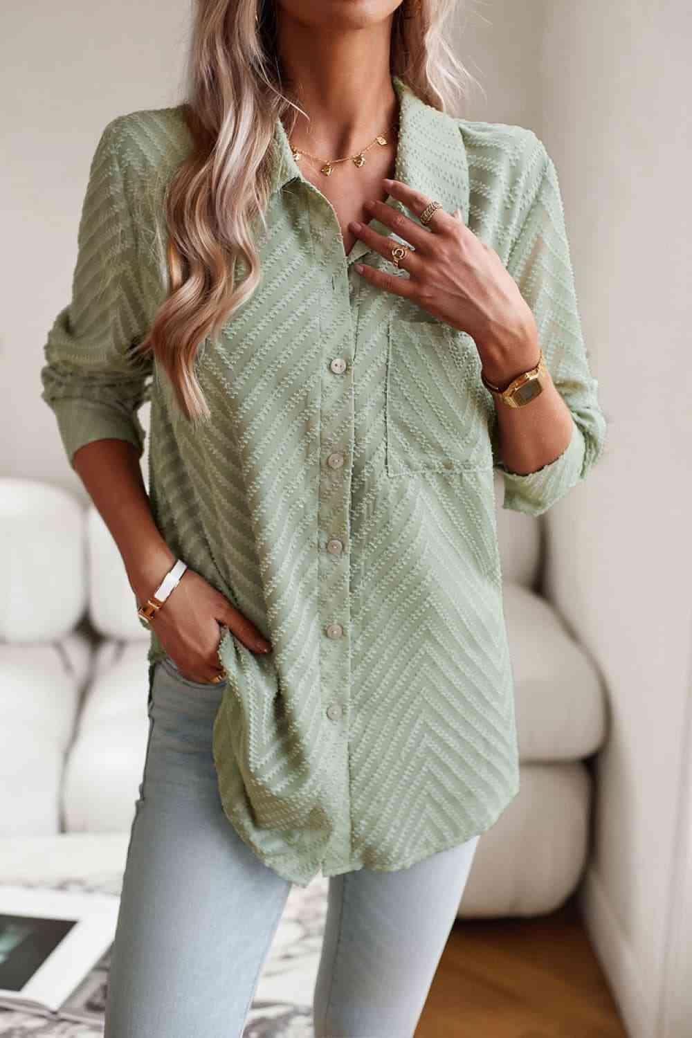 Get trendy with Collared Neck Long Sleeve Pocketed Shirt - Shirt available at Styles Code. Grab yours today!