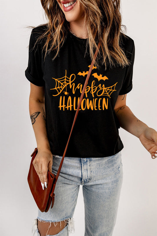 Get trendy with Round Neck Short Sleeve HAPPY HALLOWEEN Graphic T-Shirt - Halloween Clothes available at Styles Code. Grab yours today!