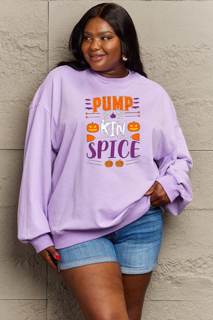 Get trendy with Simply Love Full Size PUMPKIN SPICE Graphic Sweatshirt - Halloween Clothes available at Styles Code. Grab yours today!