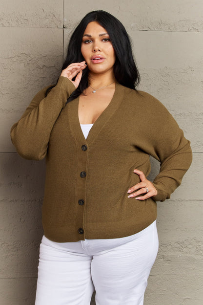 Get trendy with Zenana Kiss Me Tonight Full Size Button Down Cardigan in Olive - Luxe available at Styles Code. Grab yours today!