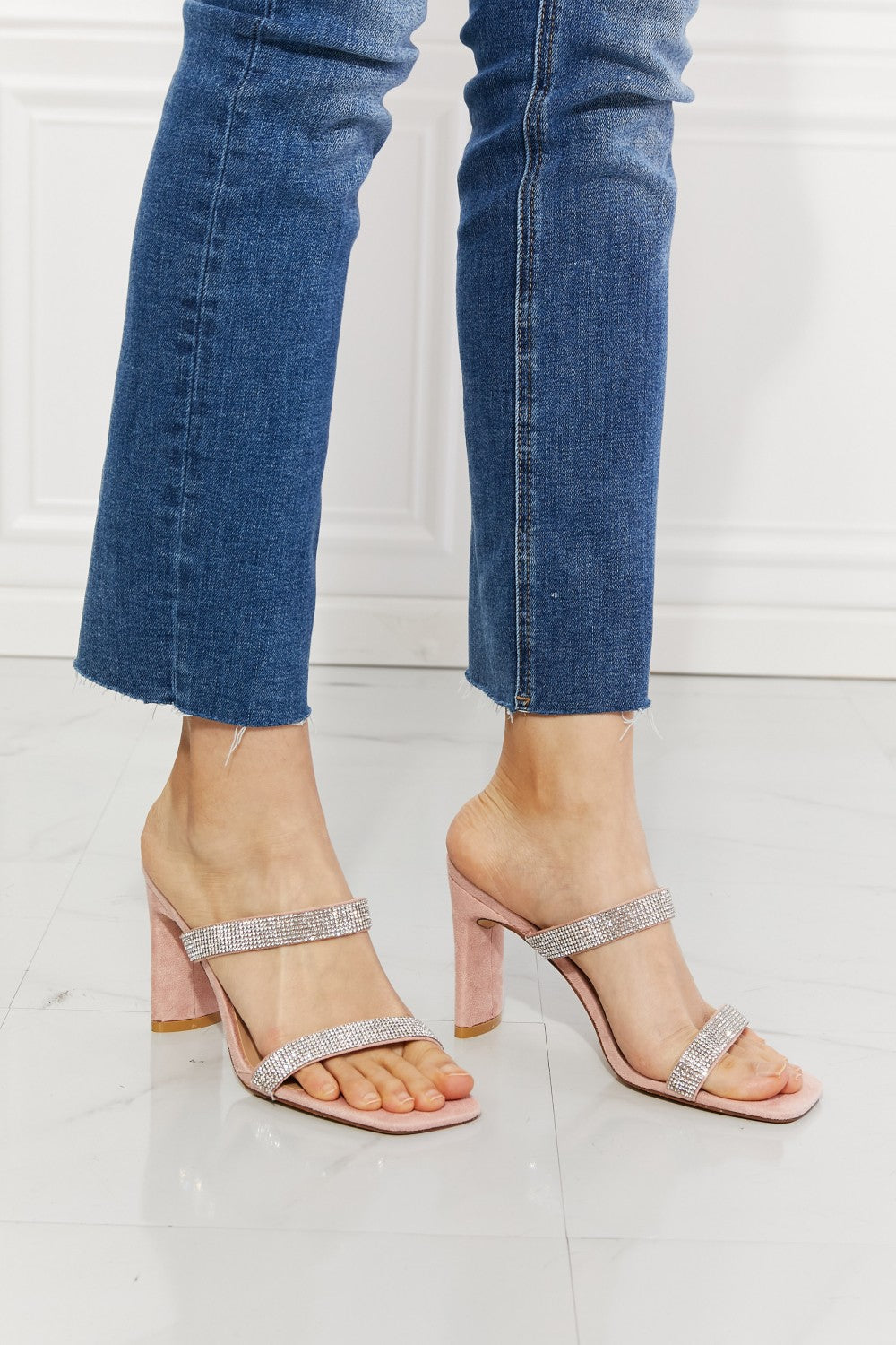 Get trendy with MMShoes Leave A Little Sparkle Rhinestone Block Heel Sandal in Pink - Shoes available at Styles Code. Grab yours today!