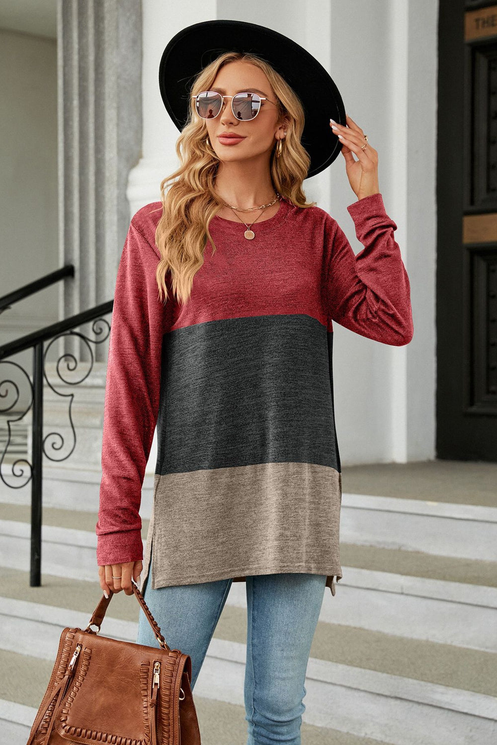 Get trendy with Color Block Round Neck Long Sleeve Slit T-Shirt - Tops available at Styles Code. Grab yours today!