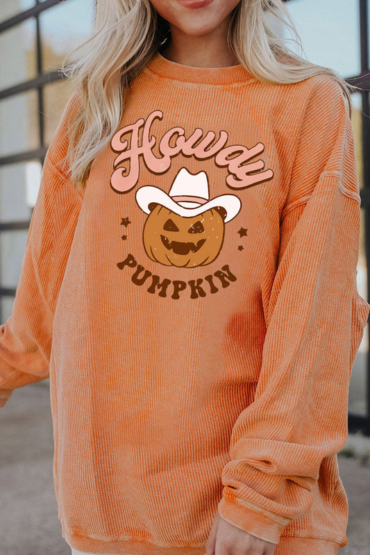 Get trendy with HOWDY Pumpkin Graphic Ribbed Sweatshirt - Halloween Clothes available at Styles Code. Grab yours today!