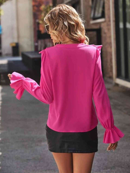 Get trendy with Ruffled V-Neck Flounce Sleeve Shirt - Shirt available at Styles Code. Grab yours today!