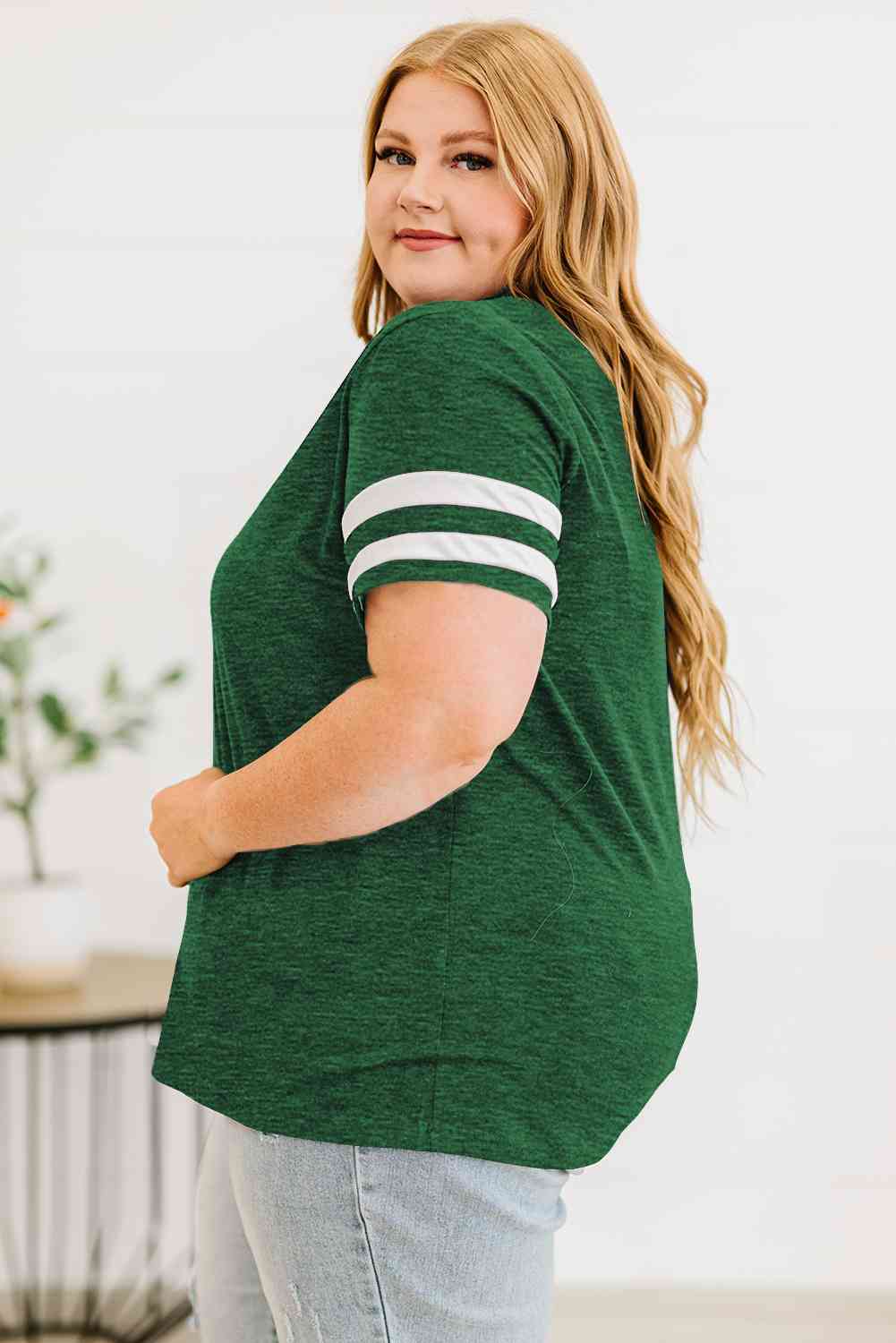 Get trendy with Plus Size Striped V-Neck Tee Shirt - T-Shirt available at Styles Code. Grab yours today!