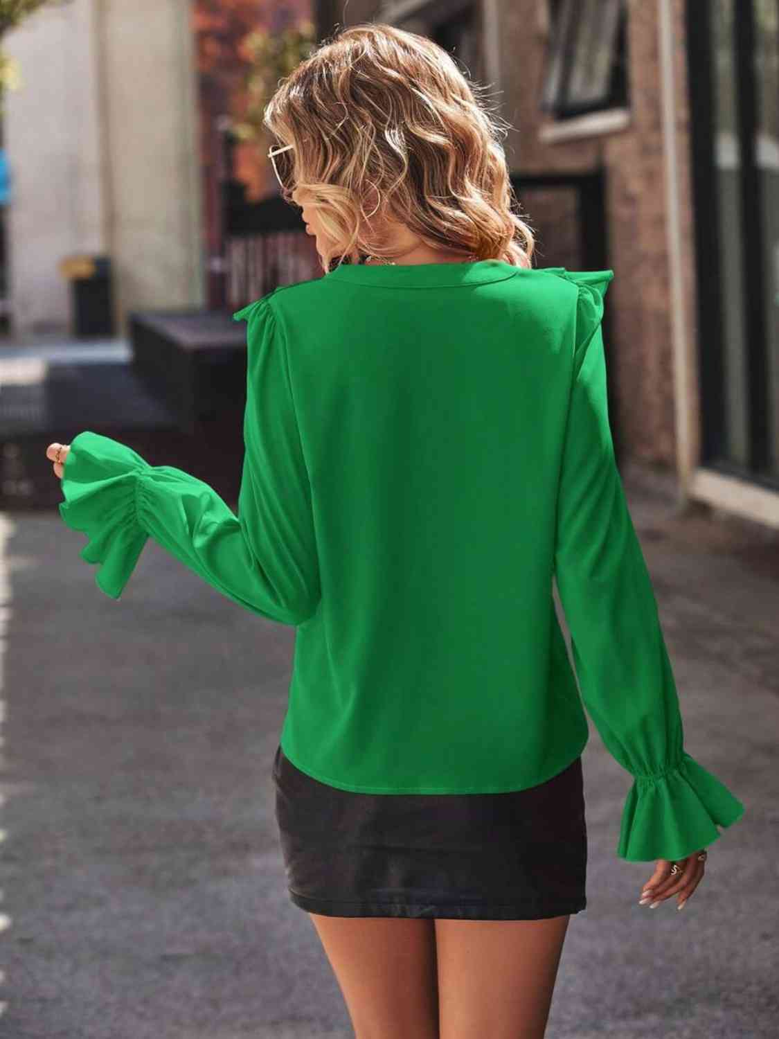 Get trendy with Ruffled V-Neck Flounce Sleeve Shirt - Shirt available at Styles Code. Grab yours today!