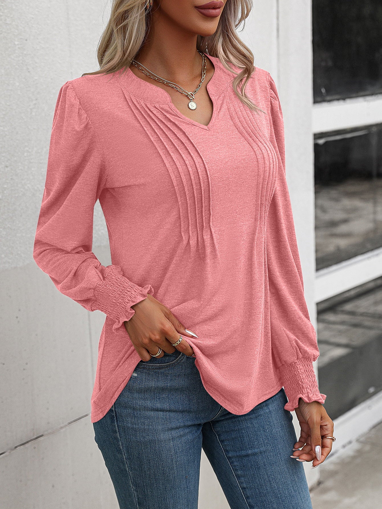 Get trendy with Notched Neck Puff Sleeve Blouse - Tops available at Styles Code. Grab yours today!