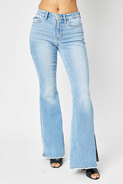 Get trendy with Judy Blue Full Size Mid Rise Raw Hem Slit Flare Jeans - Jeans available at Styles Code. Grab yours today!