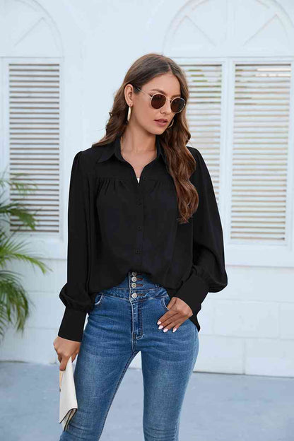 Get trendy with Puff Sleeve Collared Neck Shirt - Shirt available at Styles Code. Grab yours today!