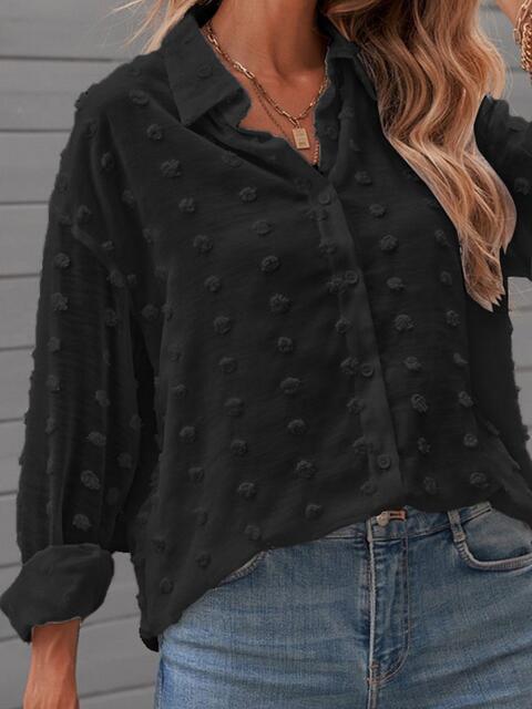 Get trendy with Swiss Dot Drop Shoulder Shirt - Shirt available at Styles Code. Grab yours today!