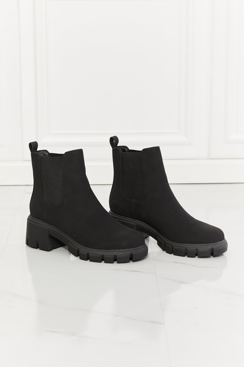 Get trendy with MMShoes Work For It Matte Lug Sole Chelsea Boots in Black - Shoes available at Styles Code. Grab yours today!