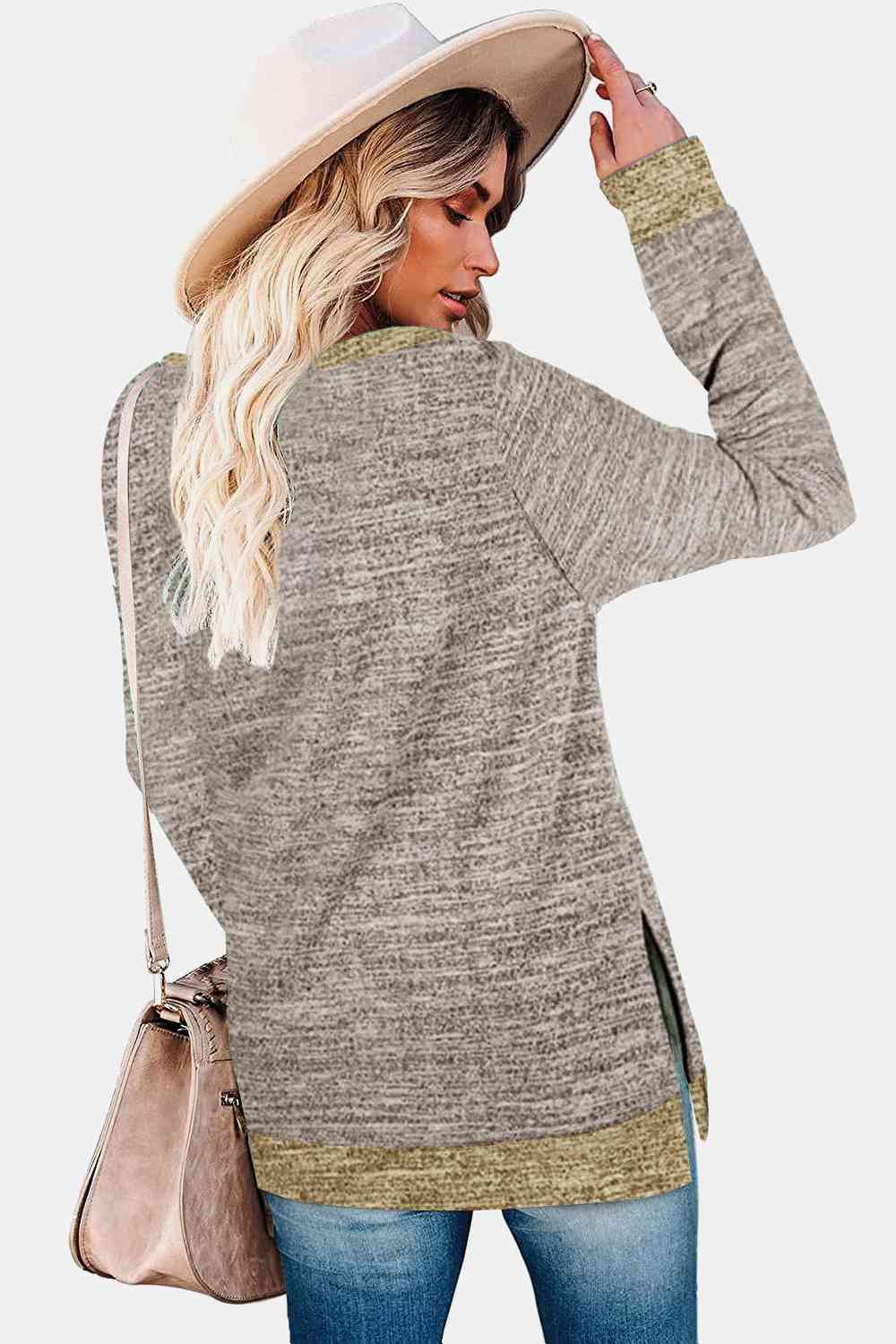 Get trendy with Round Neck Long Sleeve Slit T-Shirt - Shirt available at Styles Code. Grab yours today!