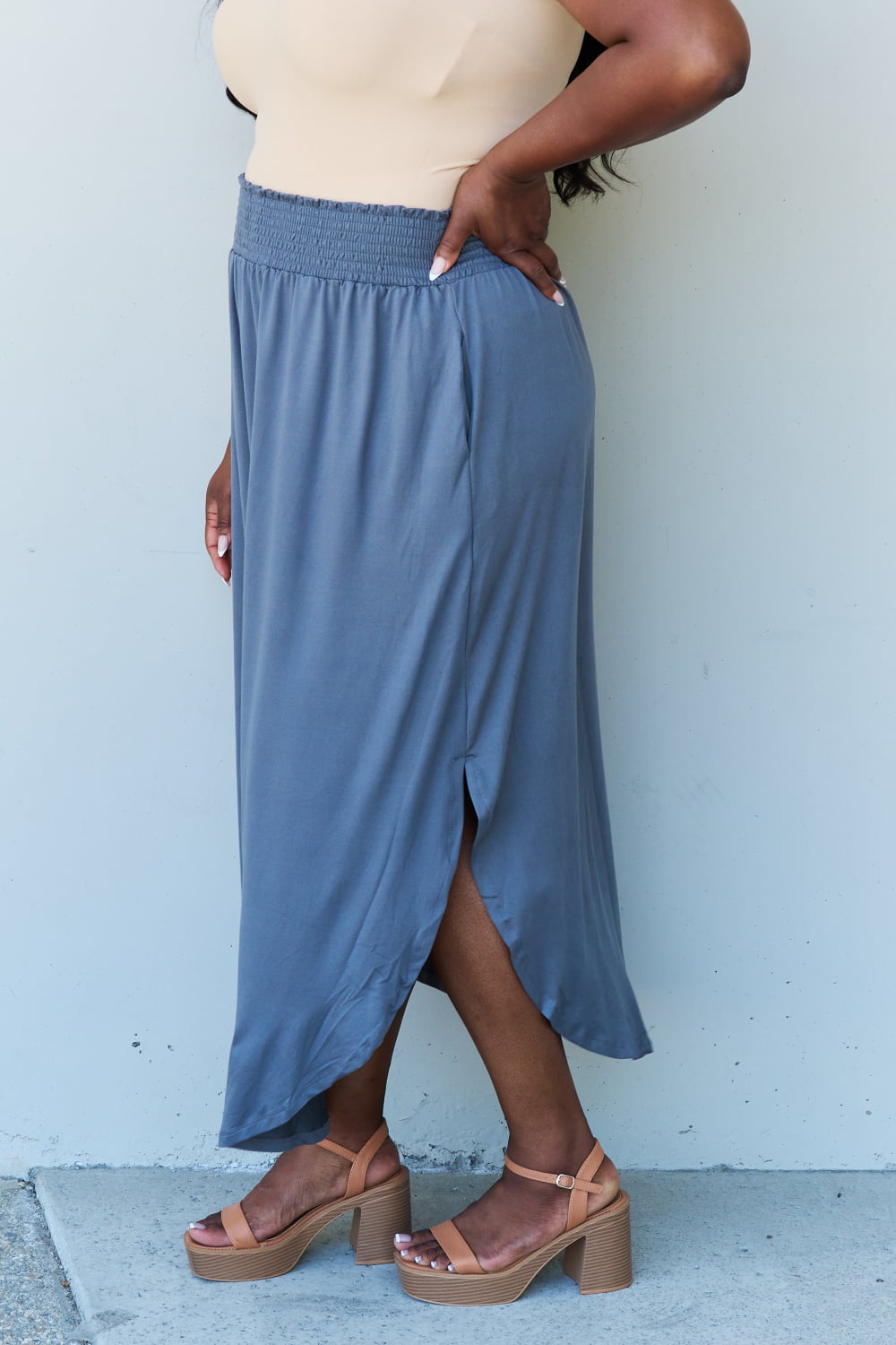 Get trendy with Doublju Comfort Princess Full Size High Waist Scoop Hem Maxi Skirt in Dusty Blue -  available at Styles Code. Grab yours today!