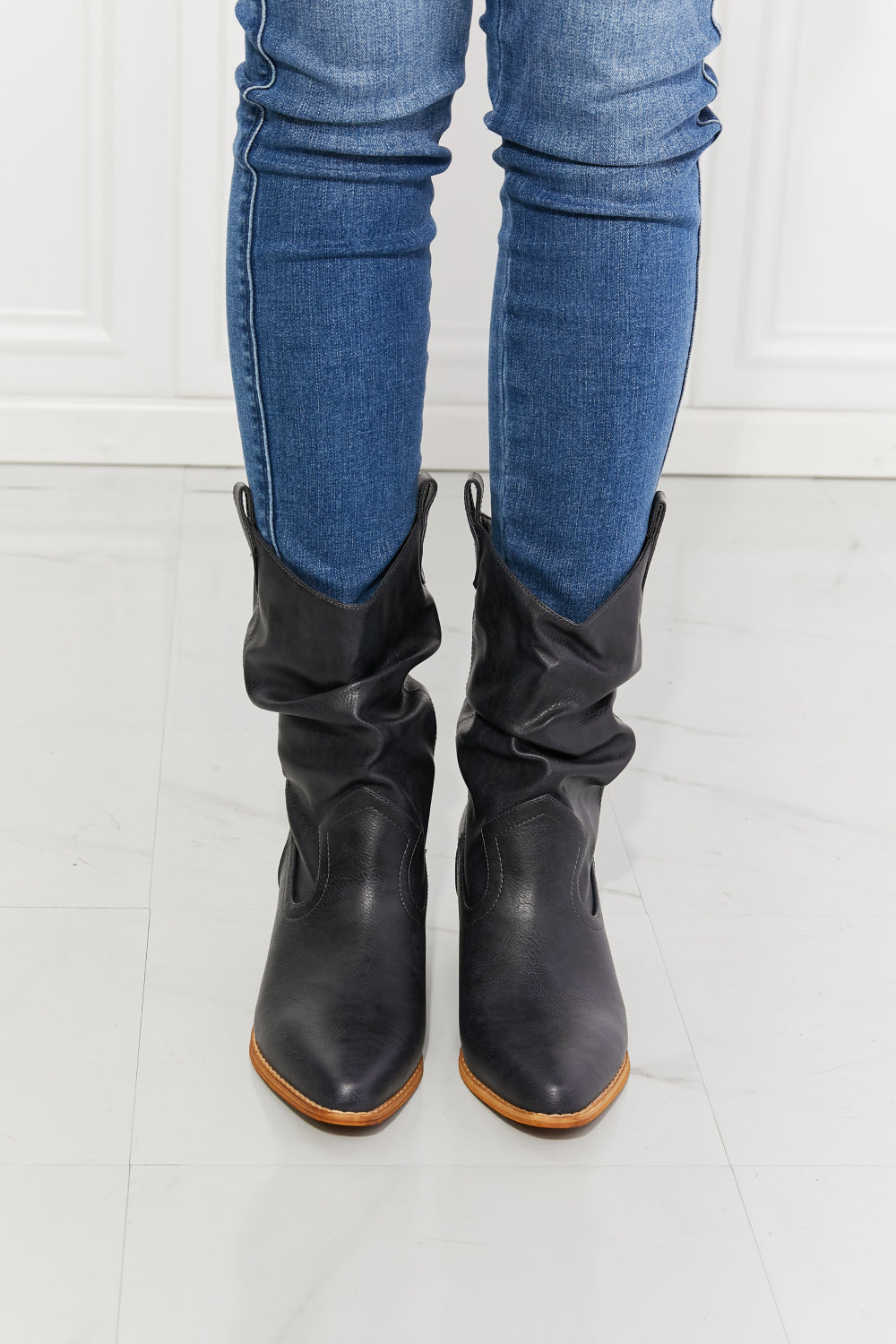 Get trendy with MMShoes Better in Texas Scrunch Cowboy Boots in Navy - Shoes available at Styles Code. Grab yours today!