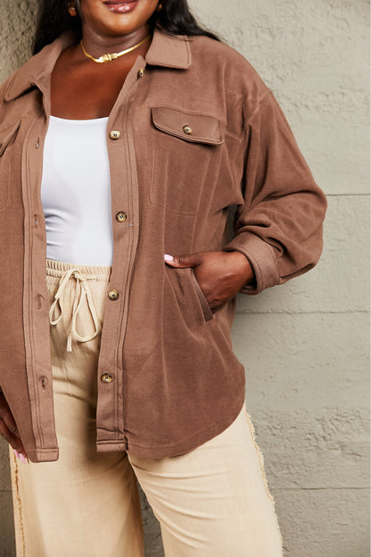 Get trendy with Heimish Cozy Girl Full Size Button Down Shacket - Luxe available at Styles Code. Grab yours today!