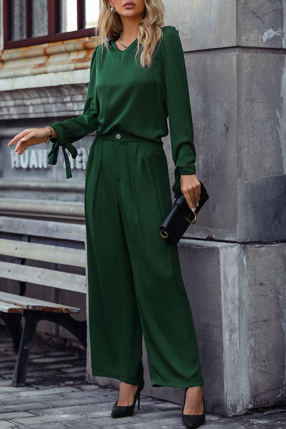 Get trendy with V-Neck Long Sleeve Top and Wide Leg Pants Set - Two Piece Sets available at Styles Code. Grab yours today!