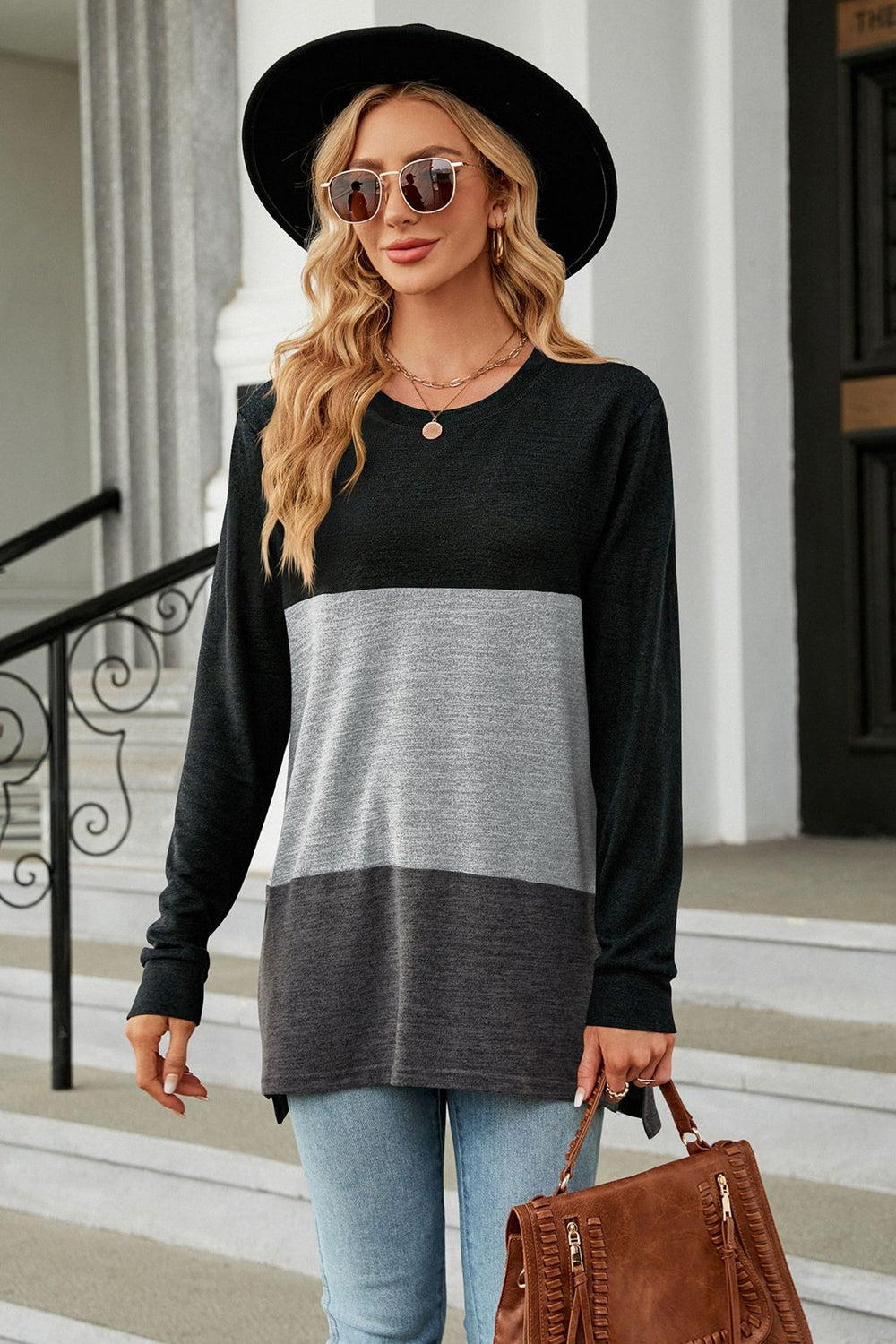 Get trendy with Color Block Round Neck Long Sleeve Slit T-Shirt - Tops available at Styles Code. Grab yours today!